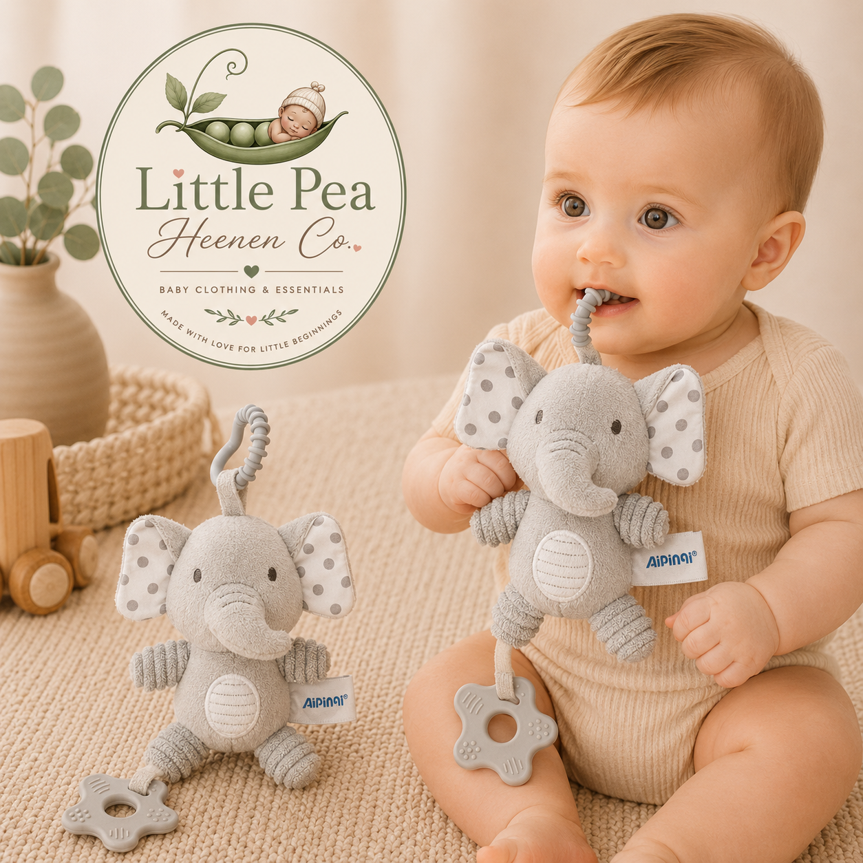 Soft Plush Elephant Baby Toy with Teething Attachment