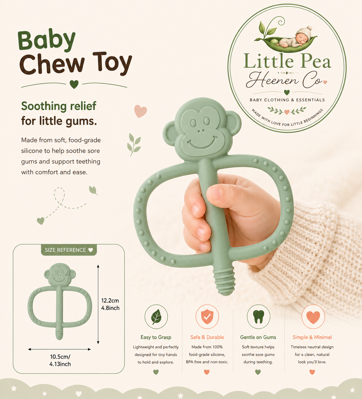 Monkey Baby Chew Toy / Silicone Teether — Sage Green